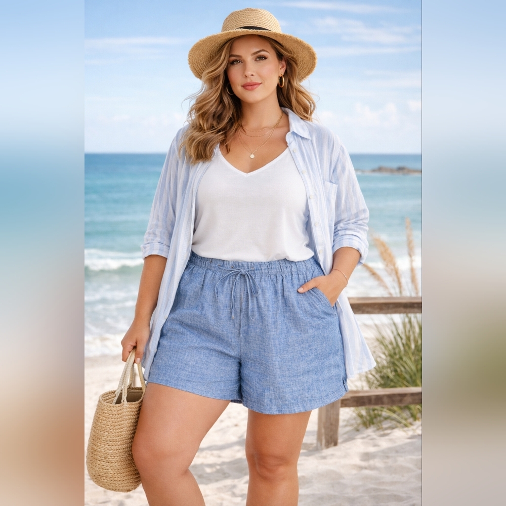 Tahari 100% Linen Blue Chambray Drawstring Pocket Shorts Women’s Size 1X